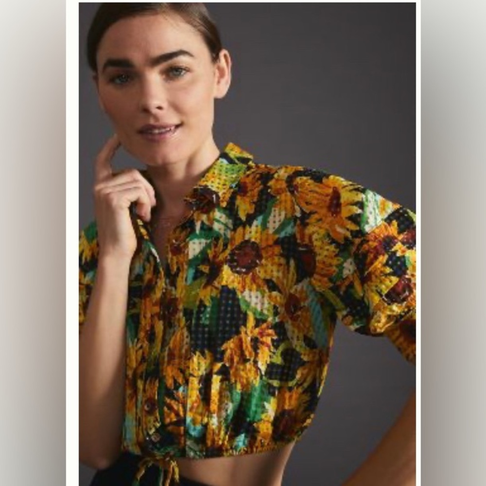 Anthropologie Maeve Cropped Tie-Front Shirt – Black Floral – XXS–XS